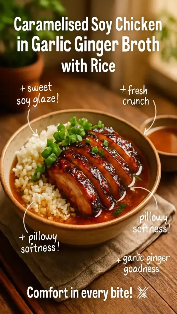 Caramelised Soy Chicken in garlic ginger broth served with rice