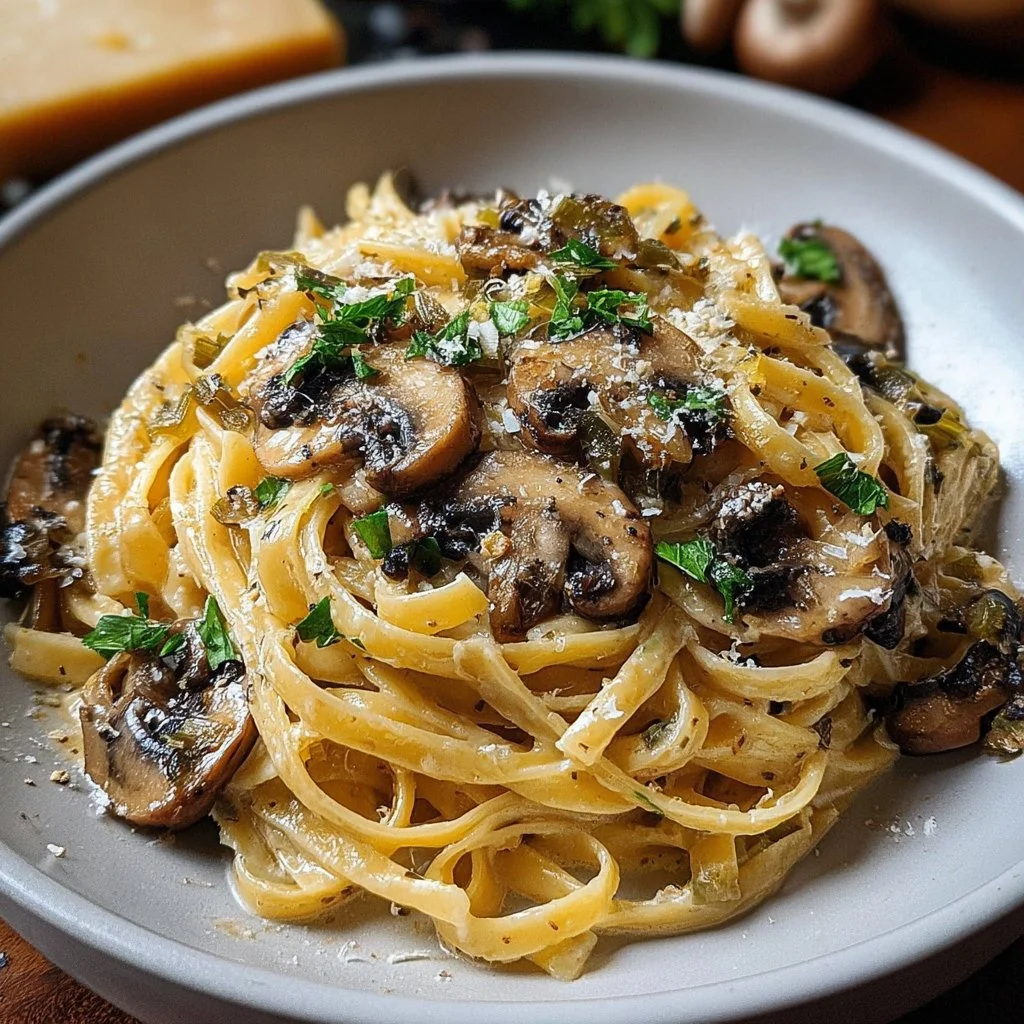 Caramelized leek and mushroom pasta with Gruyere cheese in a bowl