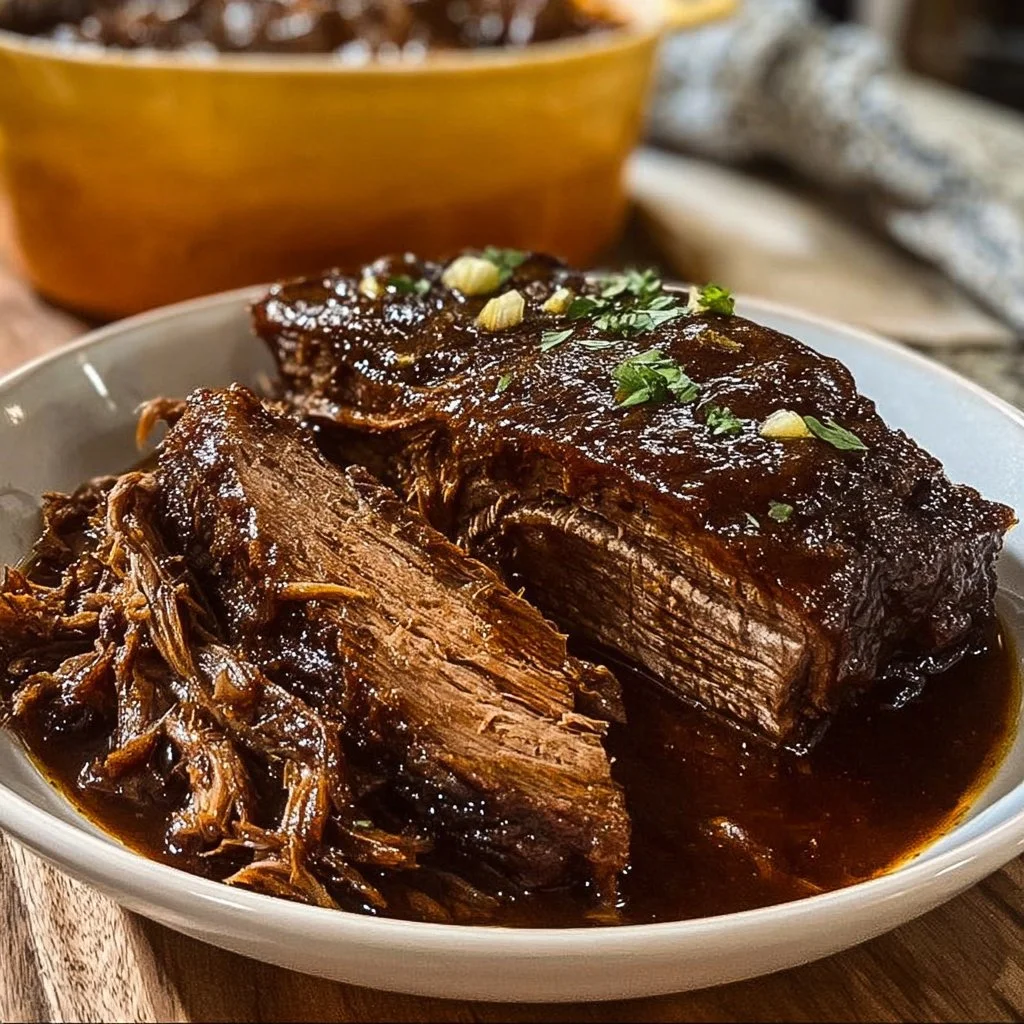Delicious caramelized pulled beef brisket served with sides