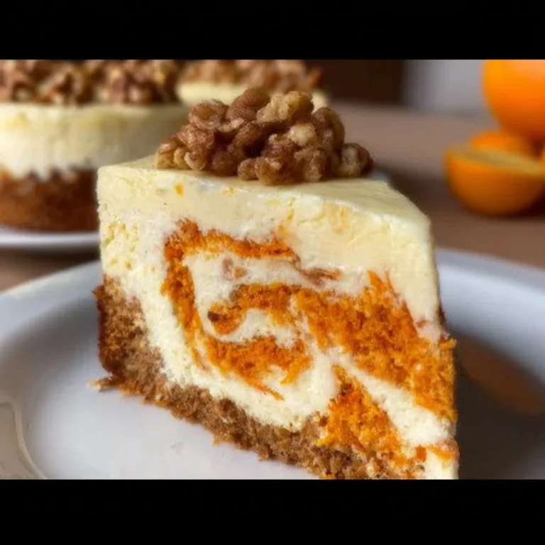 Delicious carrot cake cheesecake slice topped with cream cheese frosting