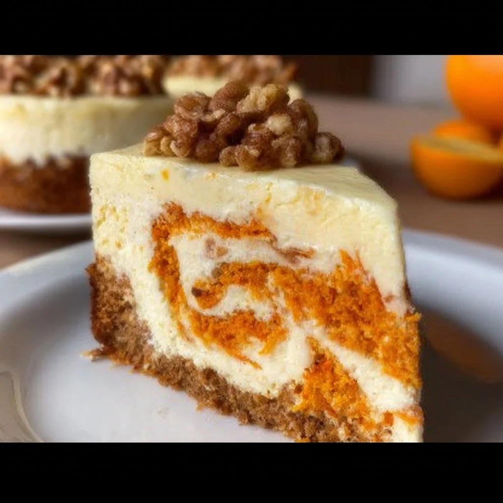 Delicious carrot cake cheesecake slice topped with cream cheese frosting