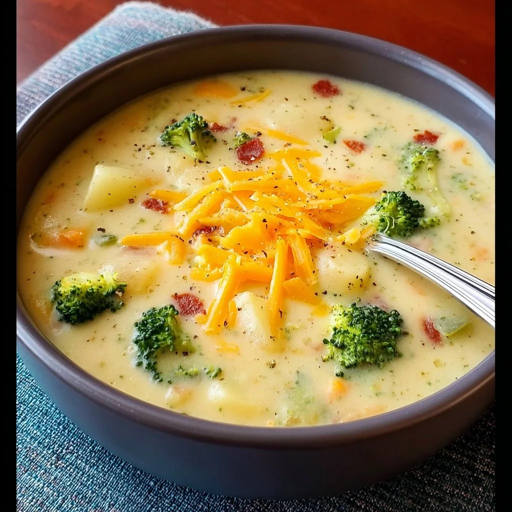 Bowl of Cheddar Broccoli Potato Soup garnished with fresh herbs