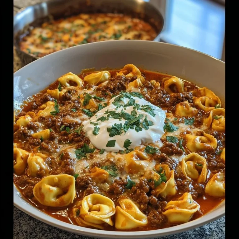 Cheesy Beef Enchilada Tortellini served in a bowl with toppings