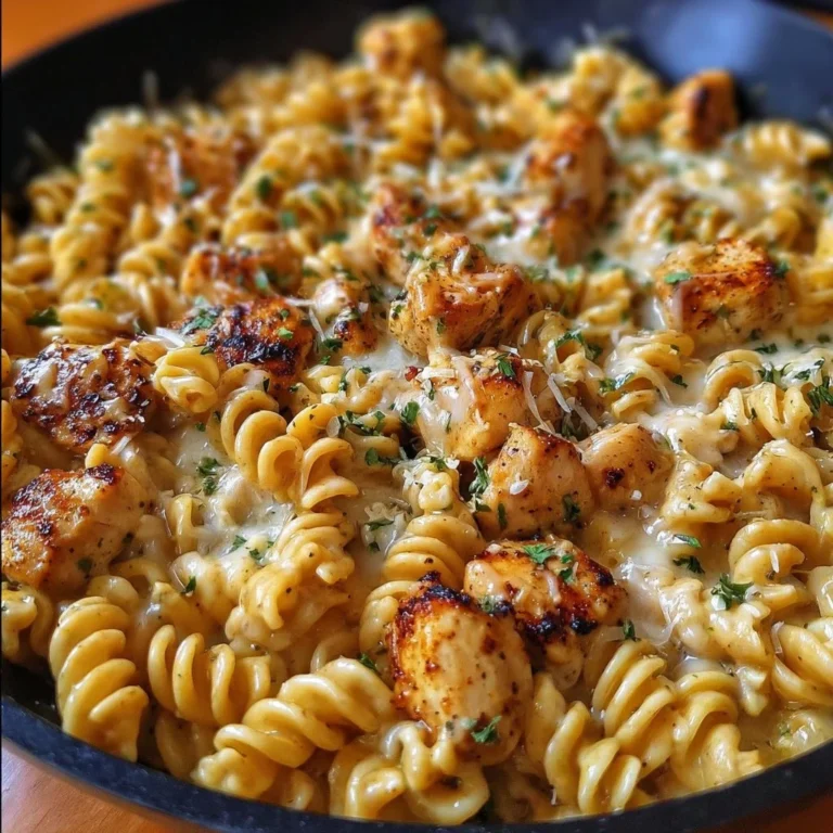 Cheesy Cajun Garlic Chicken Rotini Skillet served in a bowl