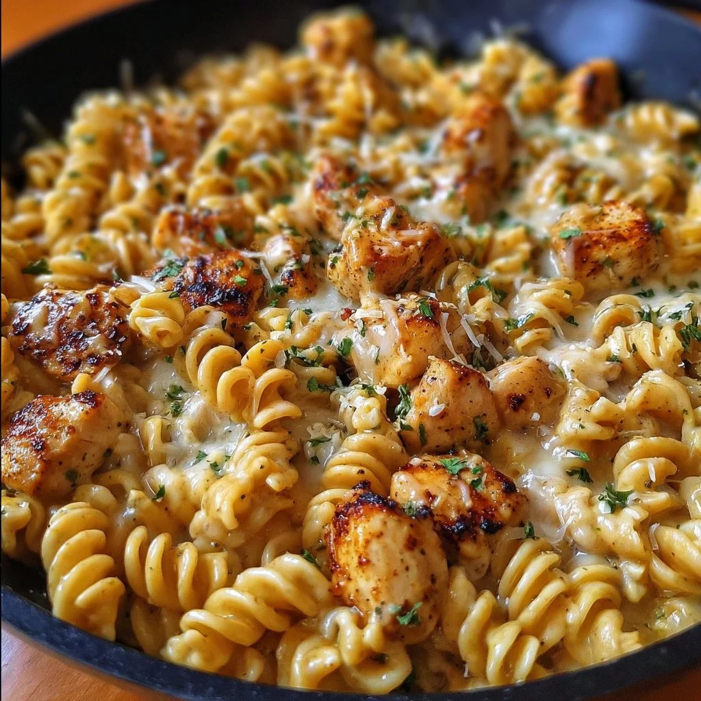 Cheesy Cajun Garlic Chicken Rotini Skillet served in a bowl