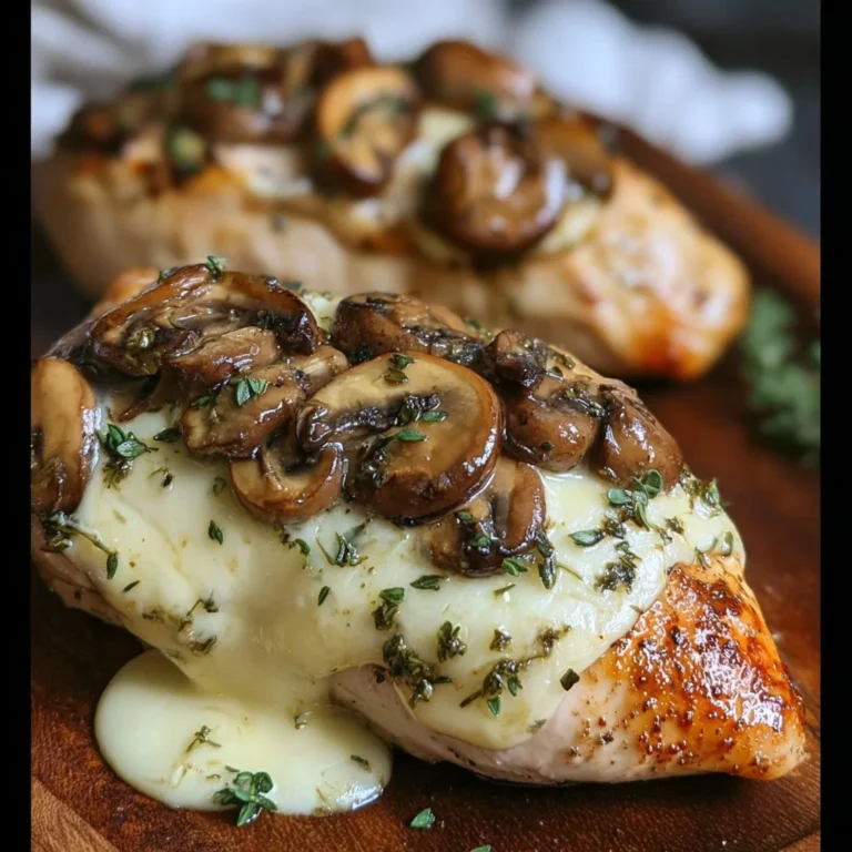 Cheesy garlic butter mushroom stuffed chicken on a plate