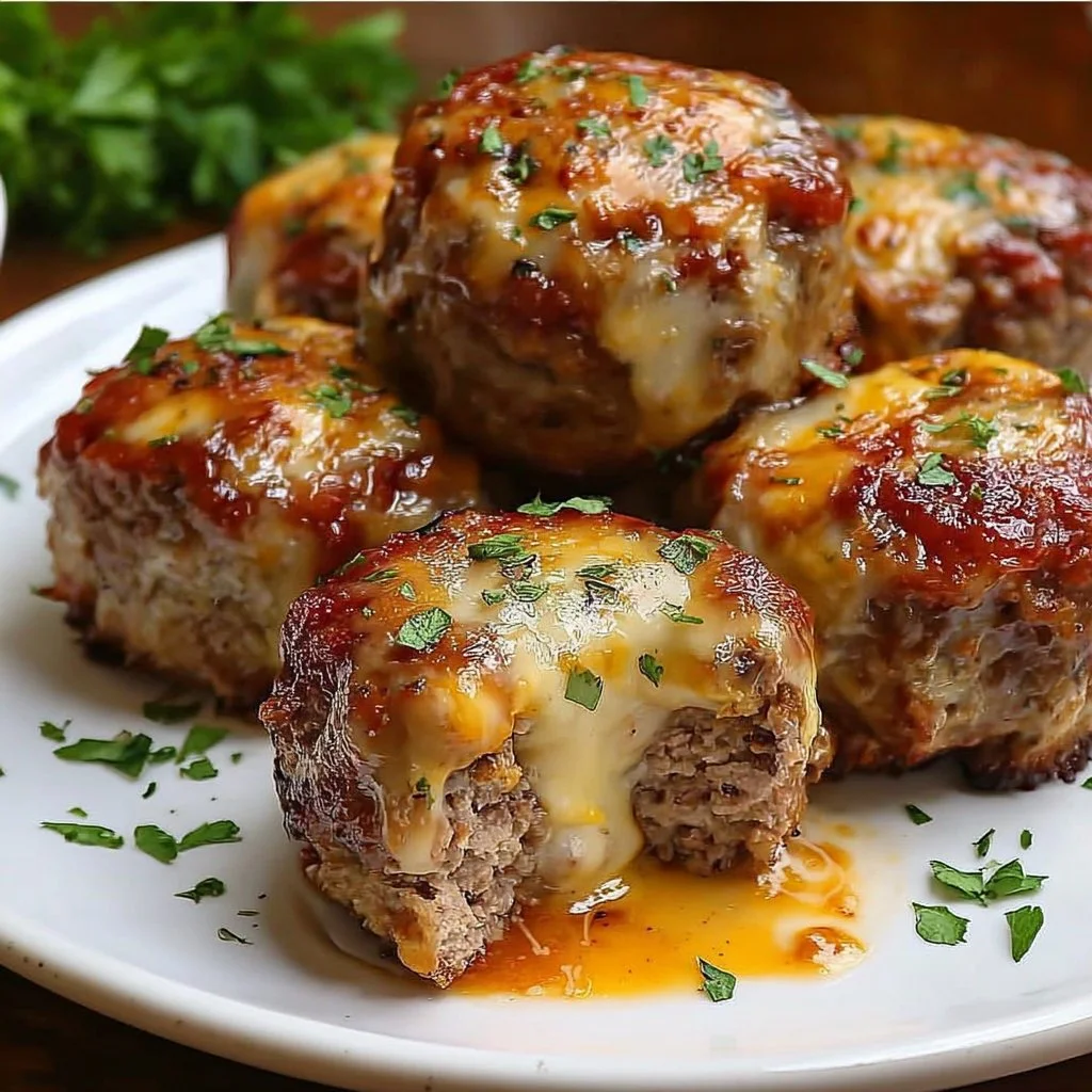 Cheesy stuffed meatloaf bites ready to be served on a platter.