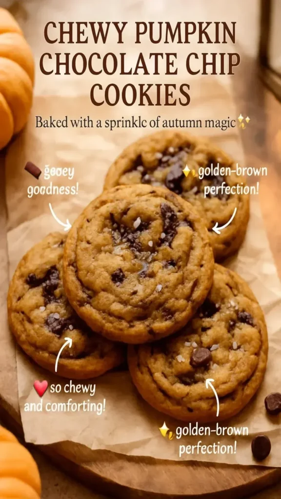 Chewy pumpkin chocolate chip cookies with chocolate chips and spices