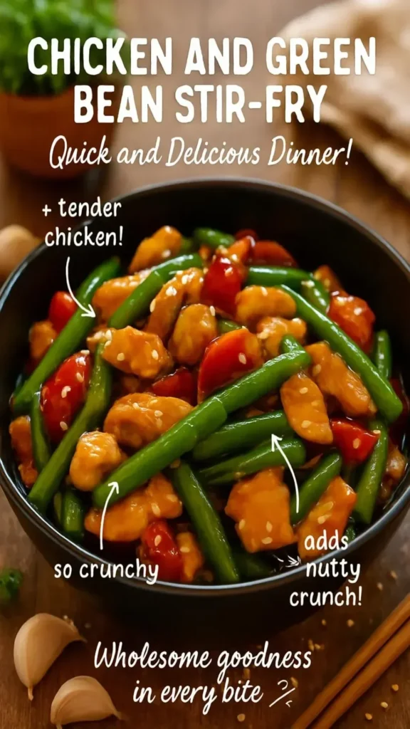 Delicious chicken stir-fry with green beans served in a bowl