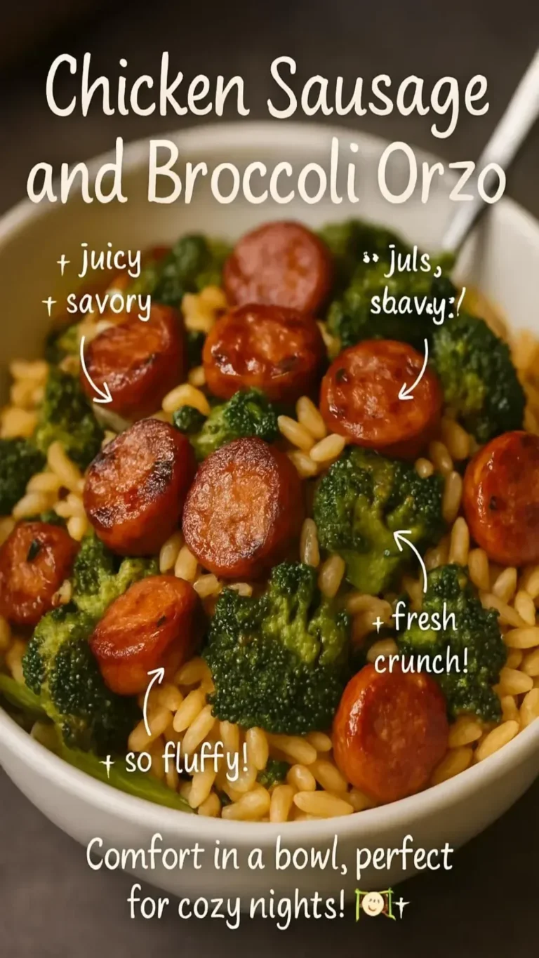 Plate of Chicken Sausage and Broccoli Orzo with herbs and cheese