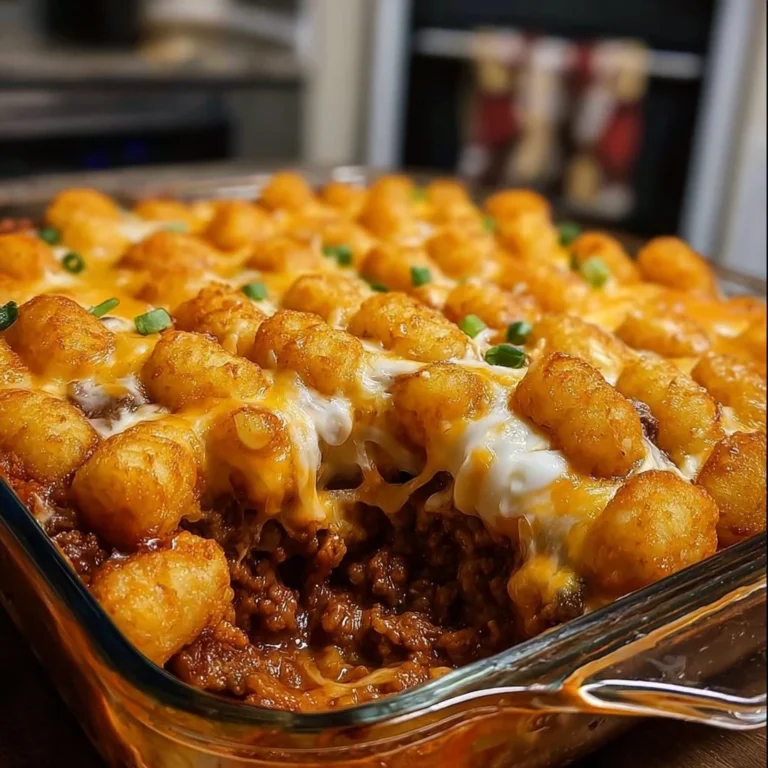 Chili Cheese Tater Tot Casserole topped with cheese and chili in a baking dish