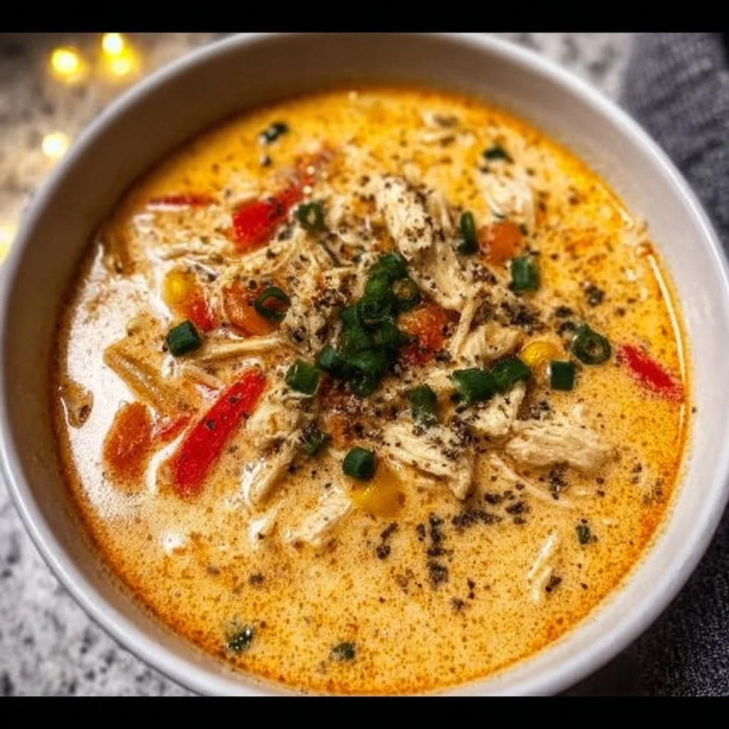 Delicious bowl of creamy Cajun chicken soup with herbs and spices