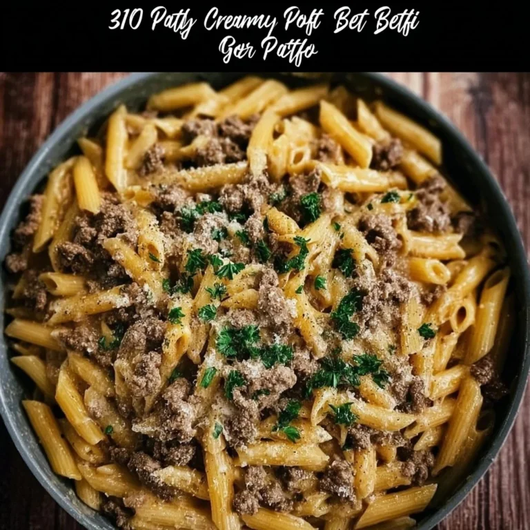 Creamy garlic butter pasta dish topped with ground beef, herbs, and cheese.