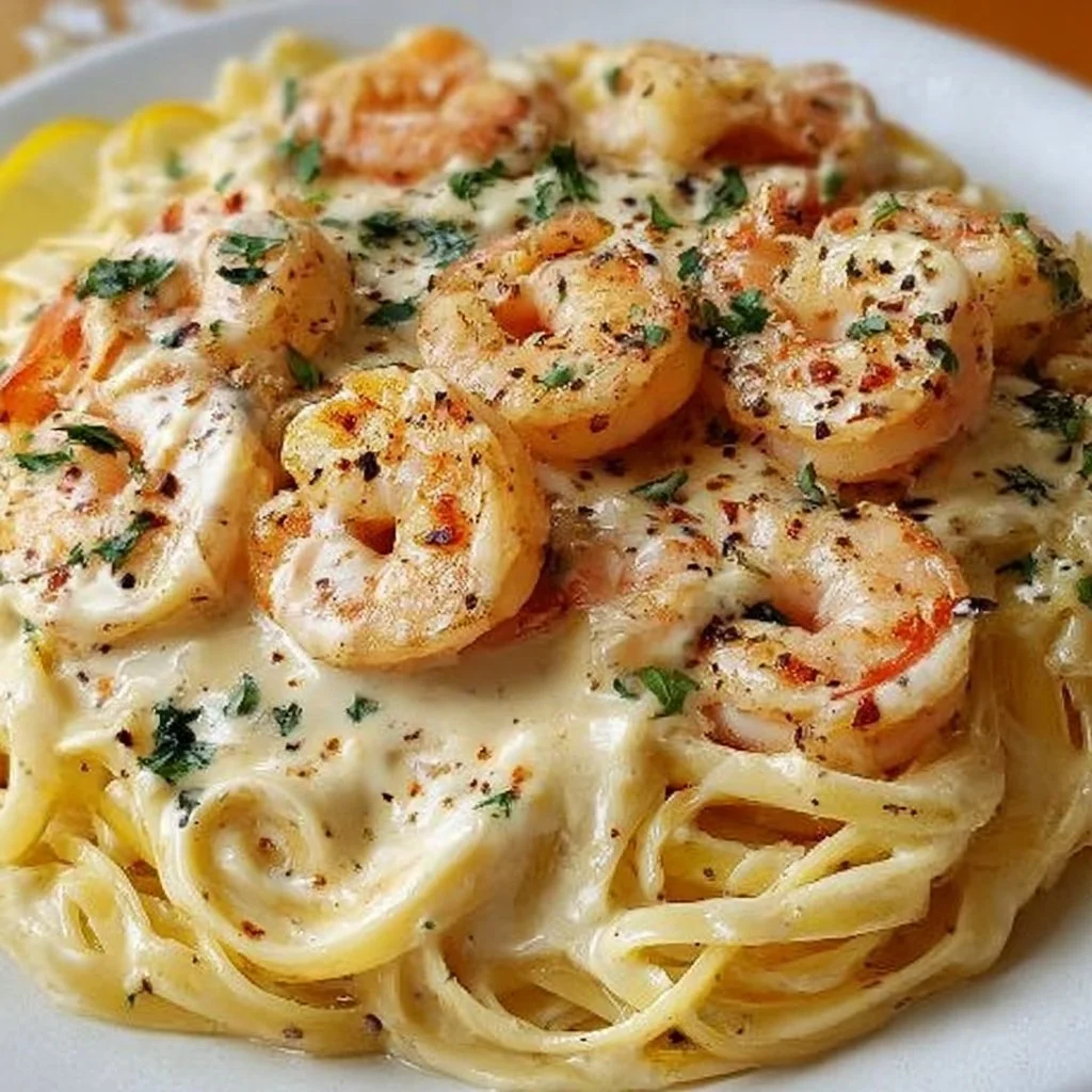 Plate of creamy garlic shrimp pasta garnished with parsley and served with garlic bread.