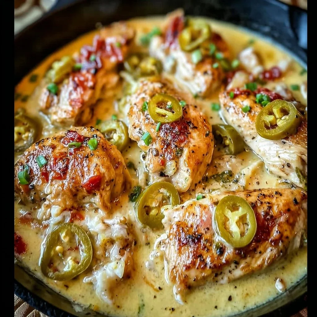 Creamy Pepperoncini Chicken Skillet in a pan with fresh herbs