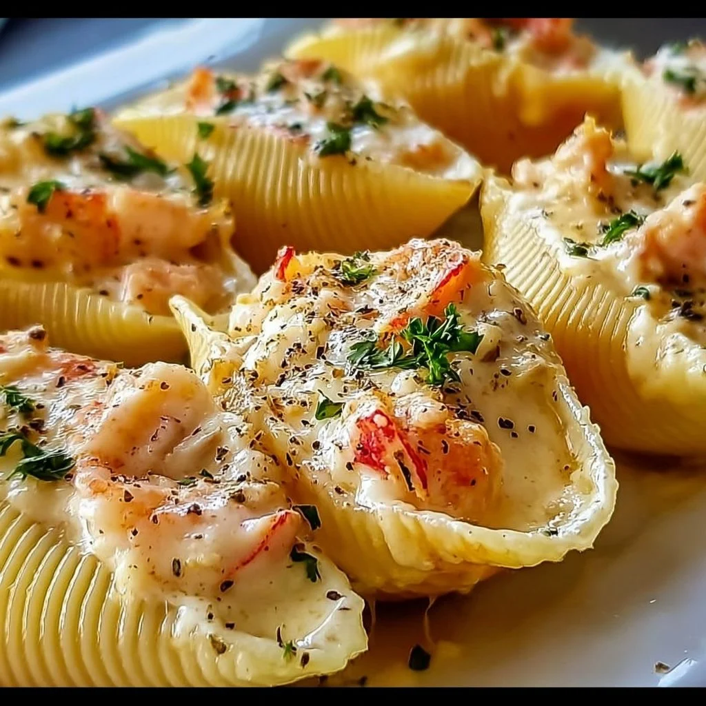 Plate of creamy seafood stuffed shells topped with herbs and cheese