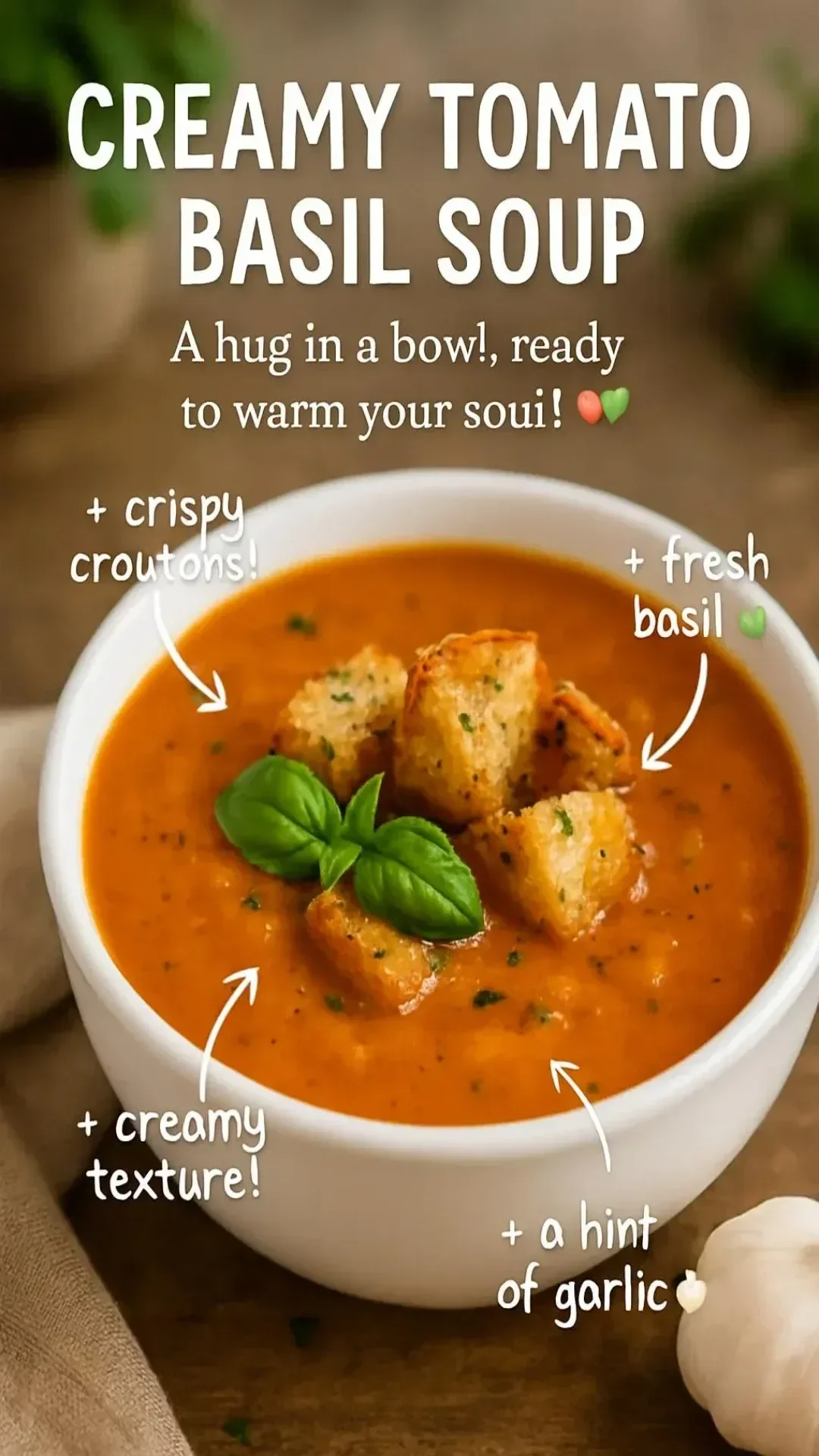 Bowl of creamy tomato basil soup garnished with fresh basil leaves