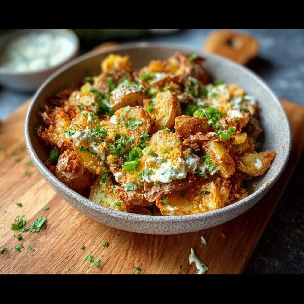 Crispy smashed potato salad served in a bowl with fresh herbs and spices