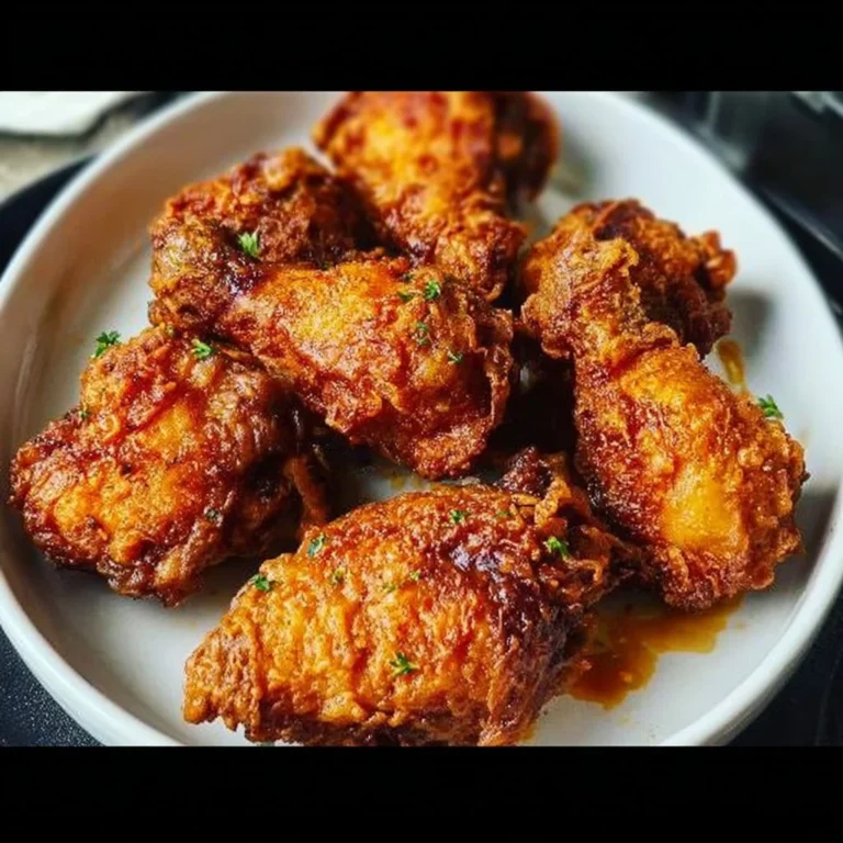 Plate of crispy spicy buttermilk fried chicken with spices and herbs