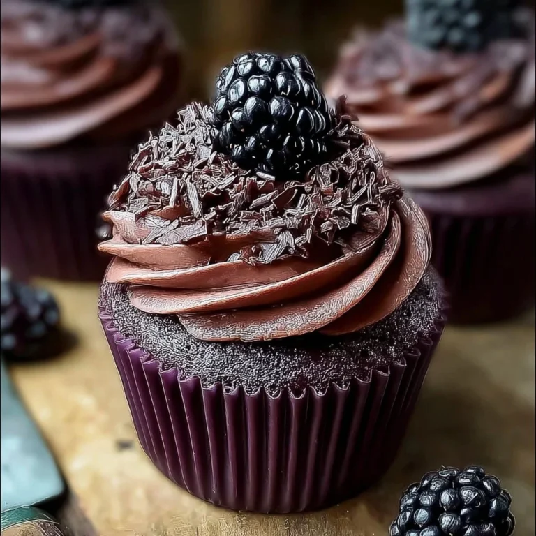 Delicious dark chocolate blackberry cupcakes on a rustic wooden table.