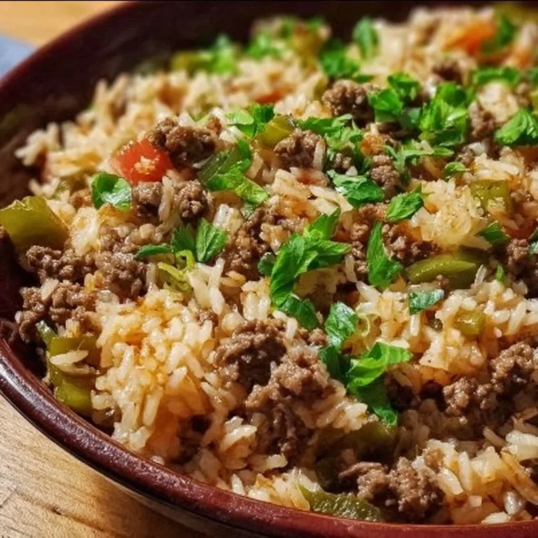 Plate of Dirty Rice with Ground Beef garnished with herbs