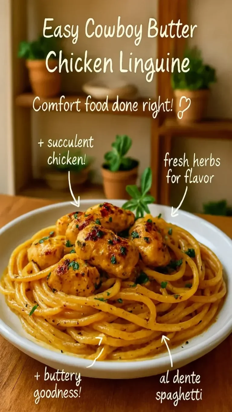 Easy Cowboy Butter Chicken Linguine dish garnished and served in a bowl