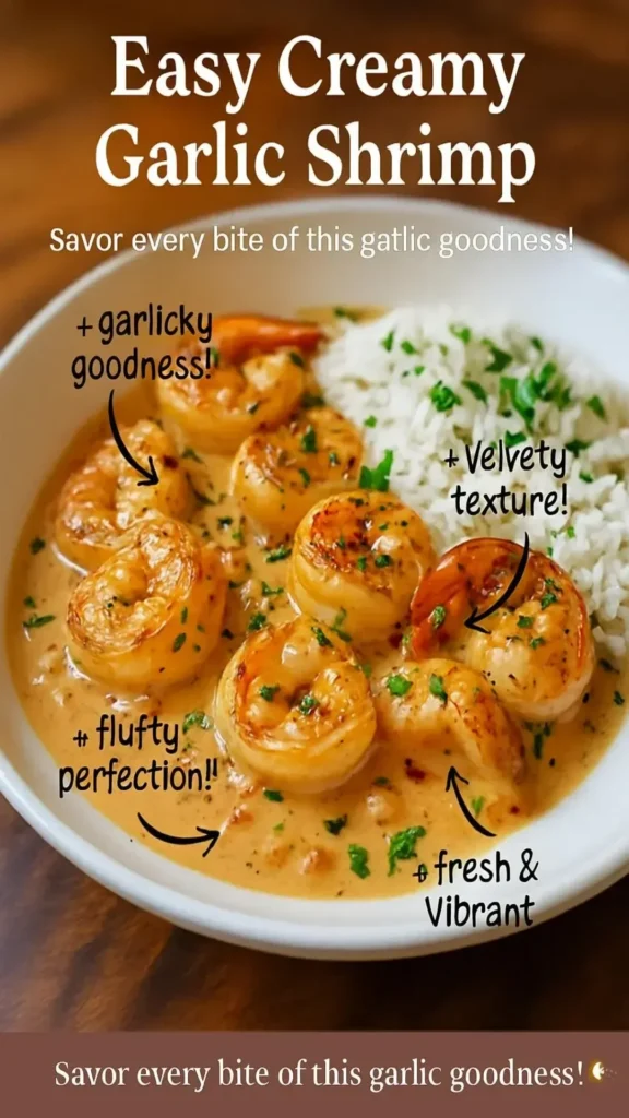 Plate of easy creamy garlic shrimp garnished with parsley
