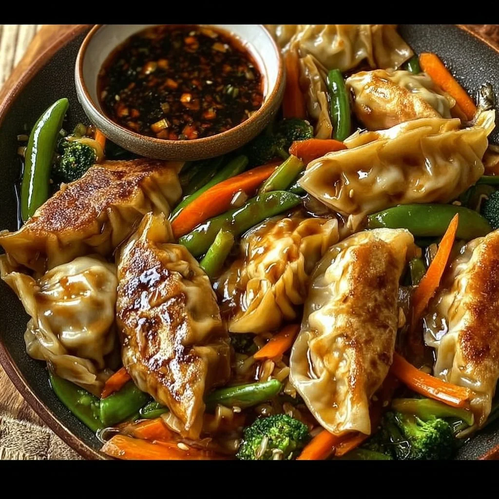 Delicious and colorful potsticker stir fry with vegetables in a bowl
