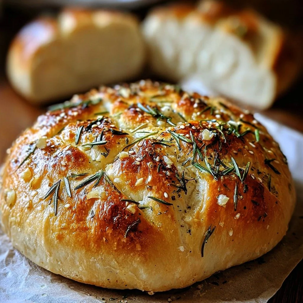 Freshly baked easy roasted garlic rosemary artisan bread