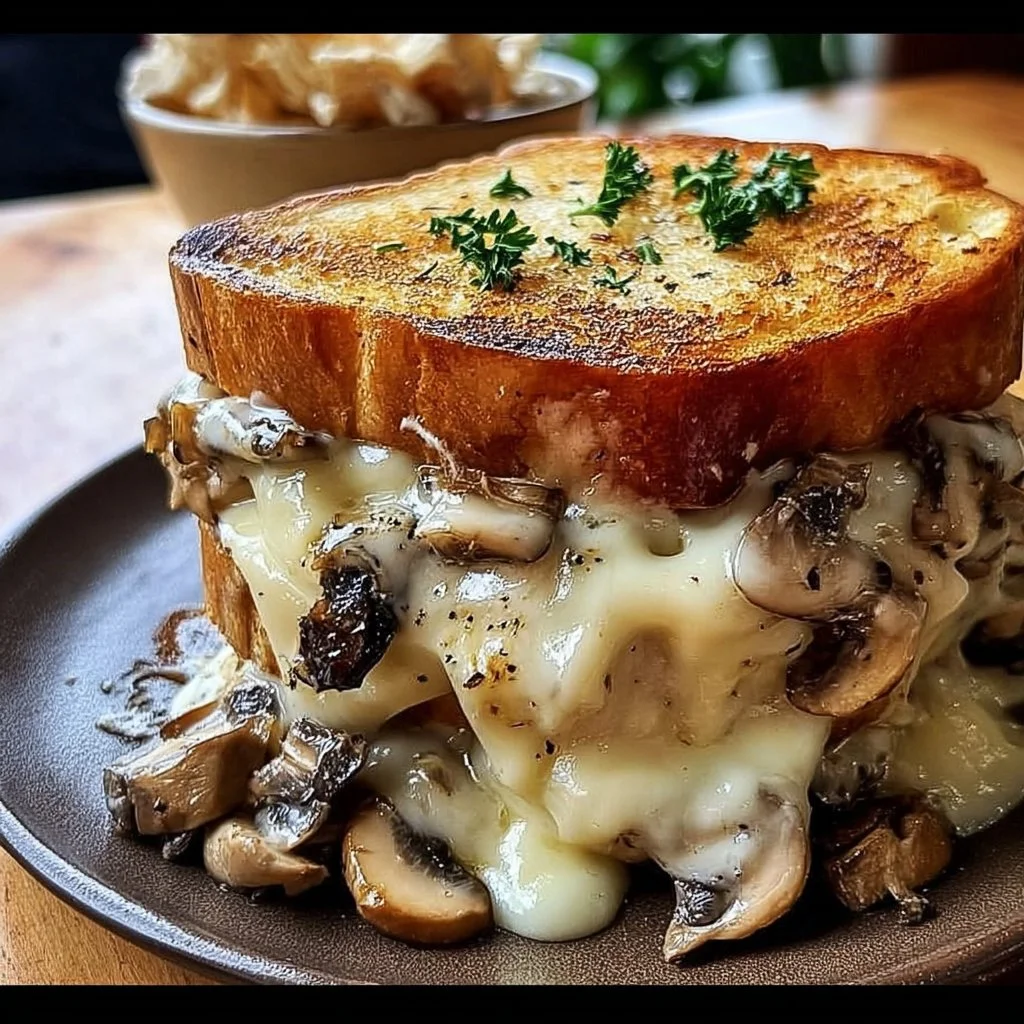 Delicious Swiss Mushroom Melt sandwich with melted cheese and sautéed mushrooms.