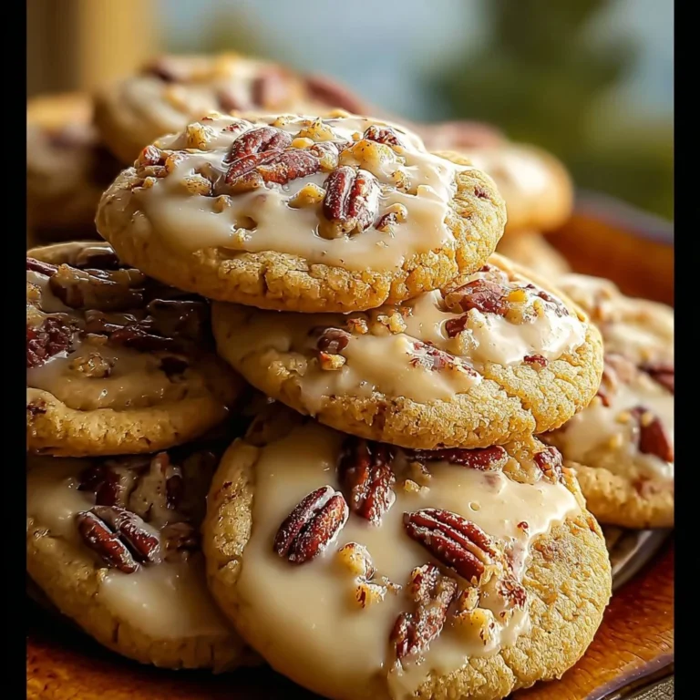 Frosted butter pecan cookies with creamy icing on a plate