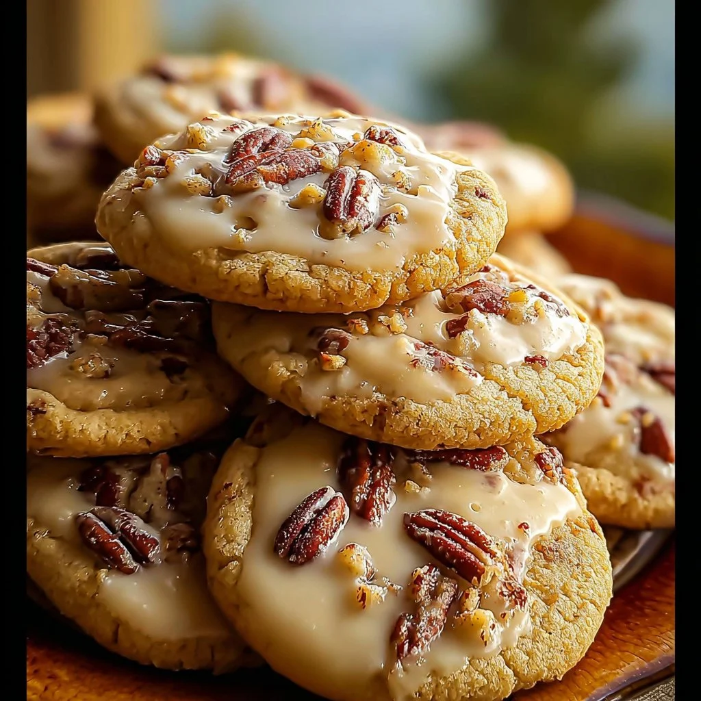 Frosted butter pecan cookies with creamy icing on a plate