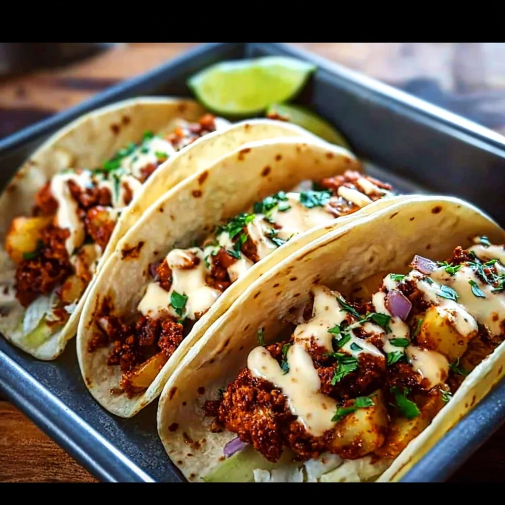 Delicious garlic butter honey BBQ chicken tacos garnished with fresh herbs.