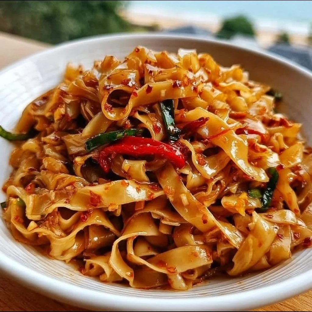 Delicious Garlic Chilli Noodles garnished with herbs and spices