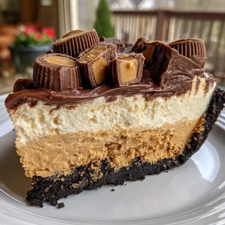 Giant Reese's Peanut Butter Cup Pie topped with chocolate and peanut butter