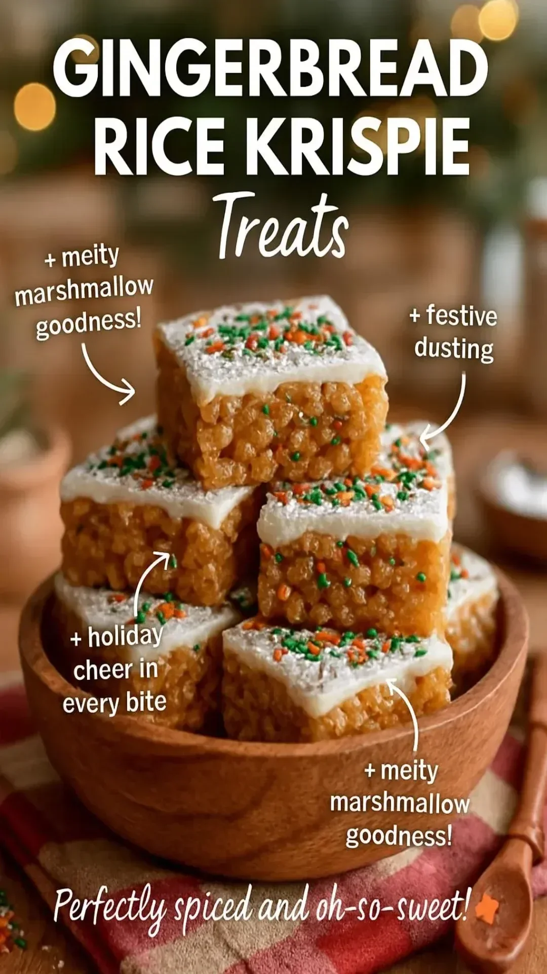Festive Gingerbread Rice Krispie Treats displayed on a holiday-themed plate
