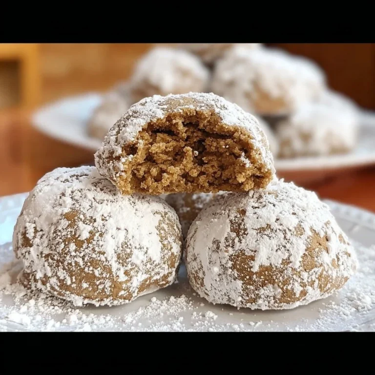 Gingerbread Snowball Cookies dusted with powdered sugar on a festive plate