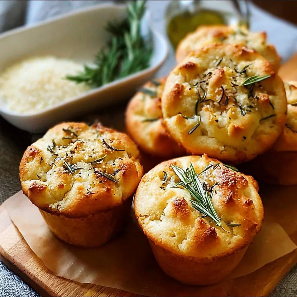 Golden crust garlic rosemary focaccia muffins fresh out of the oven.