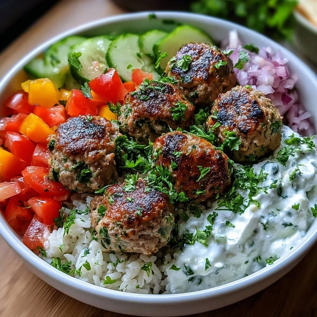 Delicious Greek Meatball Bowl with tzatziki, rice, and fresh vegetables