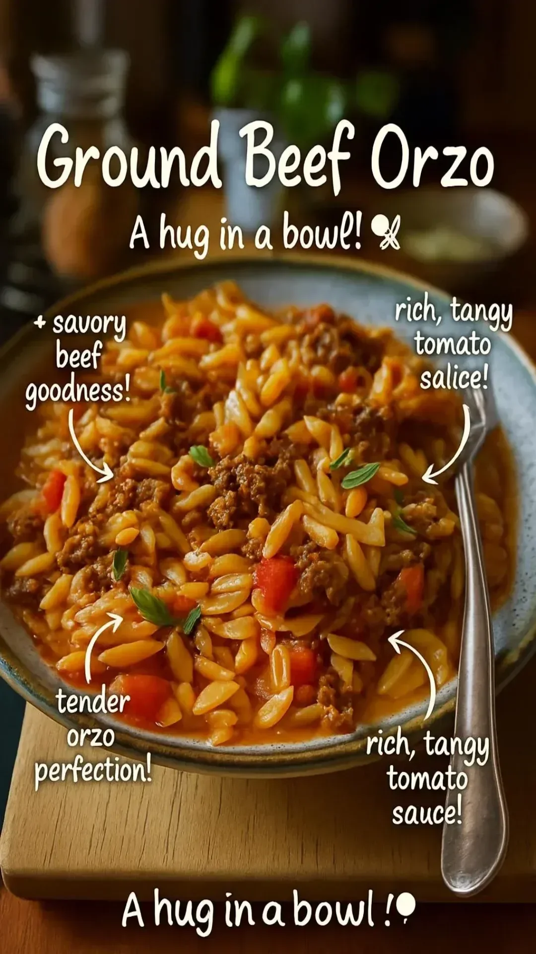 Plate of Ground Beef Orzo with fresh herbs and vegetables