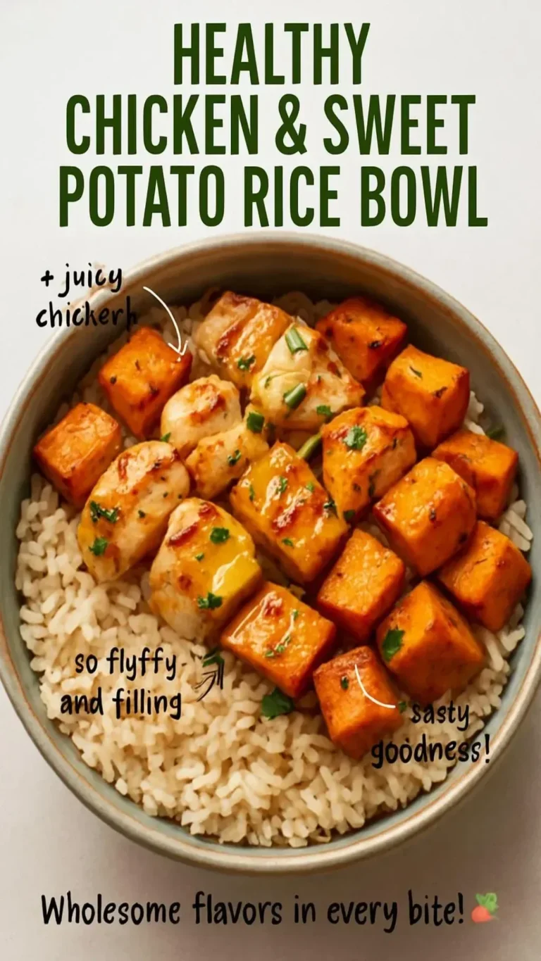 Healthy chicken and sweet potato rice bowl with vegetables