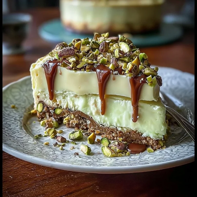 Heavenly Pistachio White Chocolate Cheesecake topped with crushed pistachios