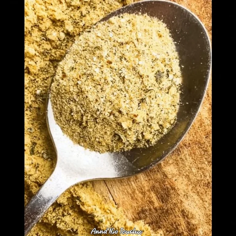 Homemade bouillon powder in a jar with fresh herbs and spices