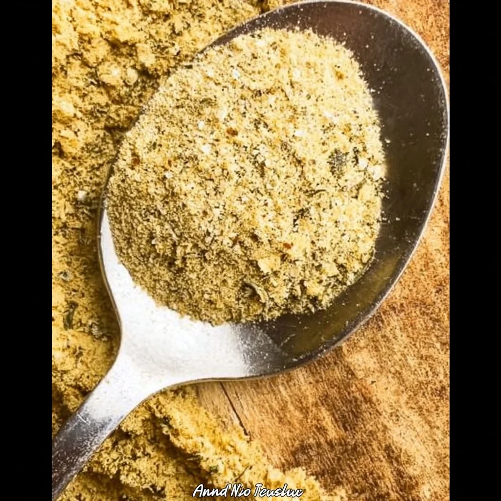 Homemade bouillon powder in a jar with fresh herbs and spices