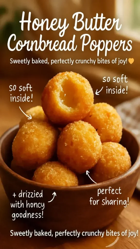 Honey Butter Cornbread Poppers served with a drizzle of honey