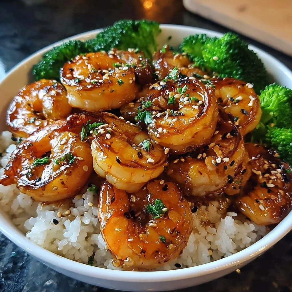Delicious honey garlic shrimp bowls served with rice and vegetables