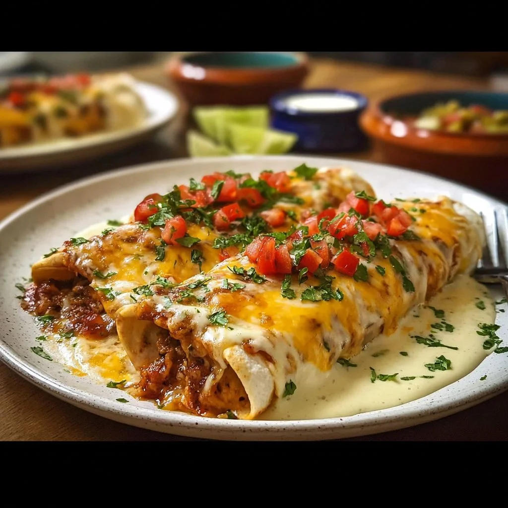 Jalapeño Popper Cheesy Chicken Enchiladas topped with creamy sauce