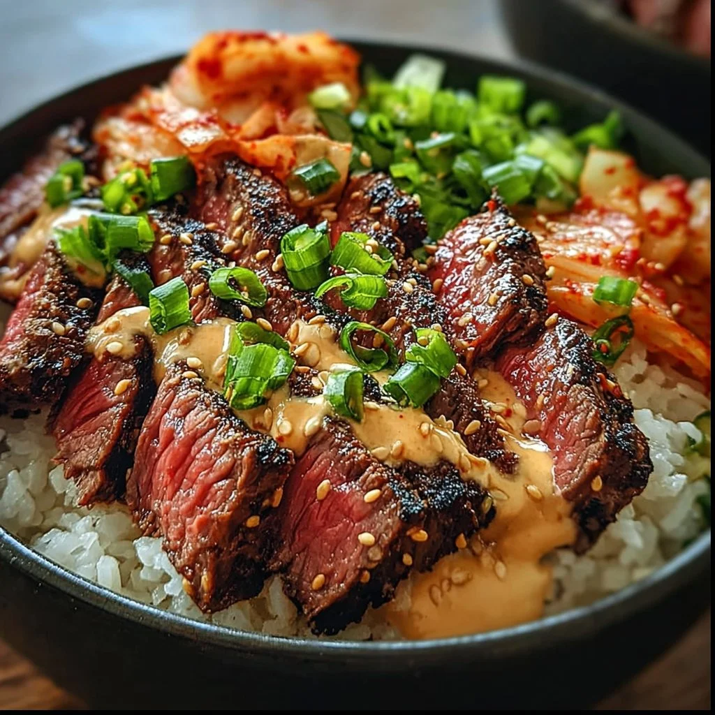 Delicious Korean BBQ Steak Bowls with marinated steak and fresh vegetables.
