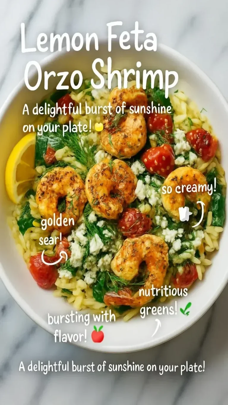Delicious Lemon Feta Orzo with Shrimp served in a bowl.
