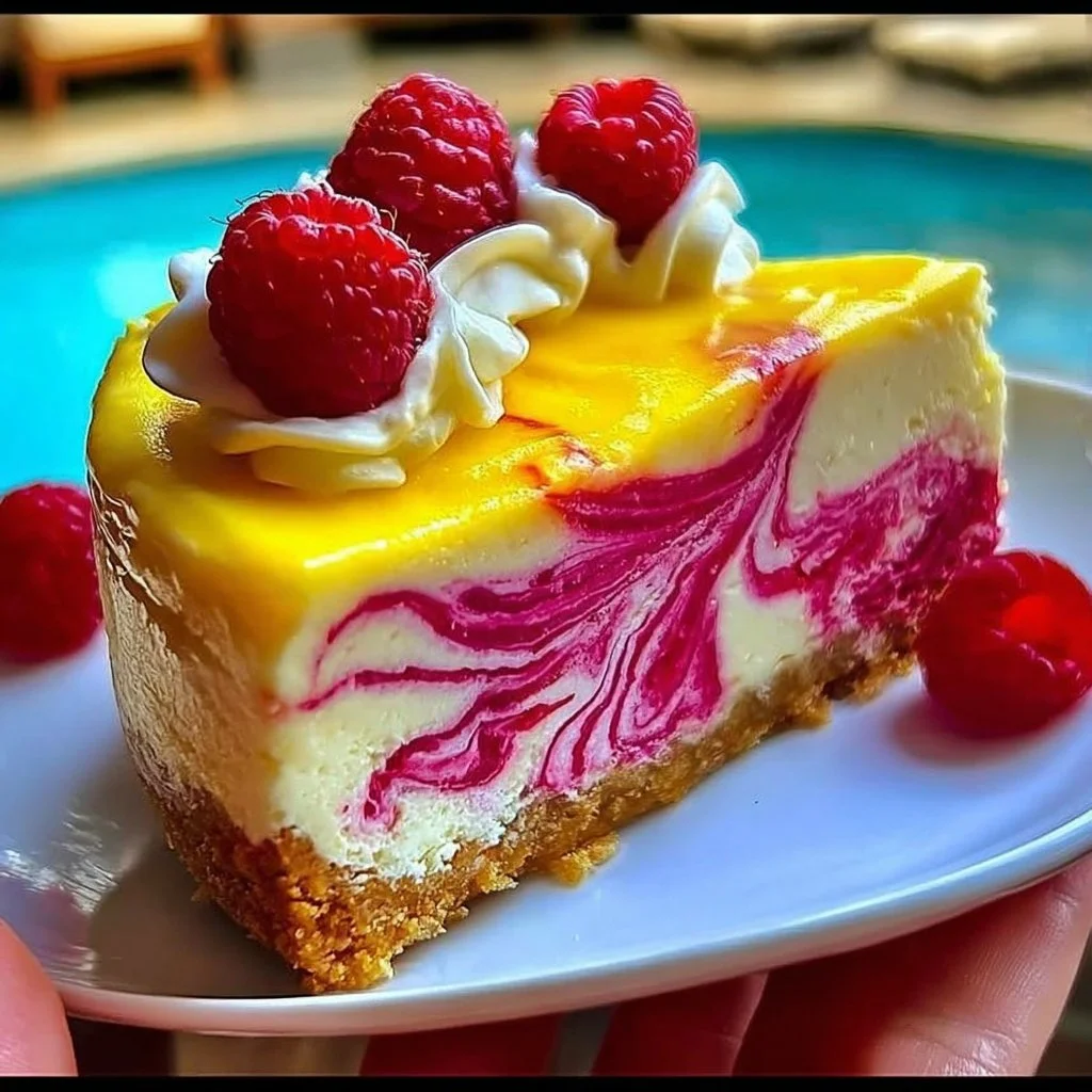 Delicious Lemon Raspberry Swirl Cheesecake topped with fresh raspberries and lemon zest.
